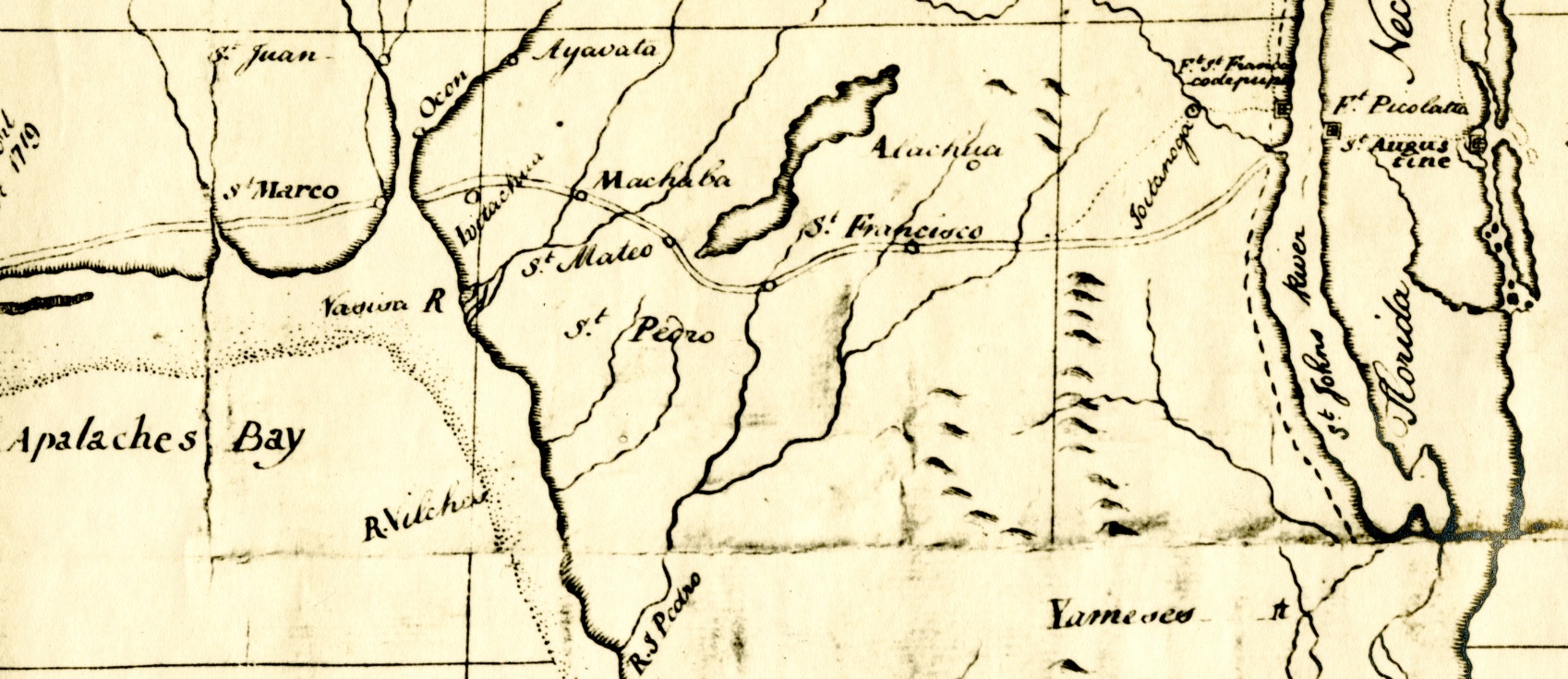 Excerpt of a map (circa 1750) showing the Old Spanish Trail and missions along its path.