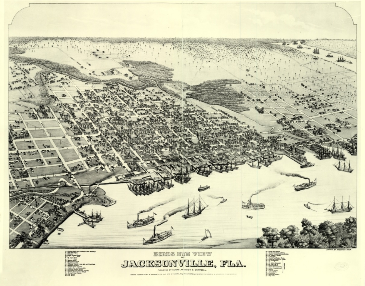 Bird's-eye View of Jacksonville, drawn by Augustus Koch and published in 1876. The church where Annie and Napoleon Broward were married in 1887 is one of many prominent buildings marked on the map. Click or tap the image to view a zoomable version of the map.