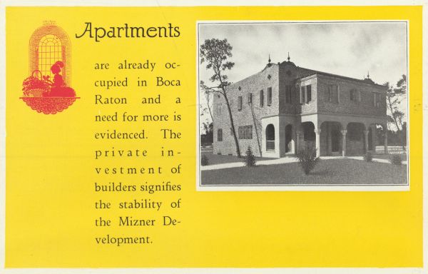 One panel from a Mizner Development Corporation brochure published around 1925. The company frequently referred to its list of well-known investors to inspire confidence in the enterprise. Click or tap the image to view the entire brochure.