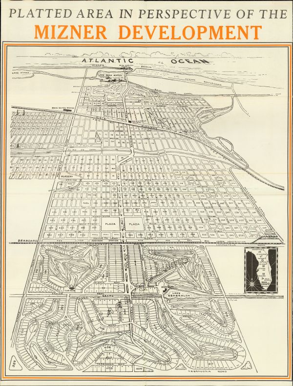 Map showing the grand vision for Addison Mizner's development project at Boca Raton, with the Atlantic Ocean at the top of the map (1925). This map was included in an elaborate promotional brochure. Click or tap the image to view a larger version of the map and the complete brochure.