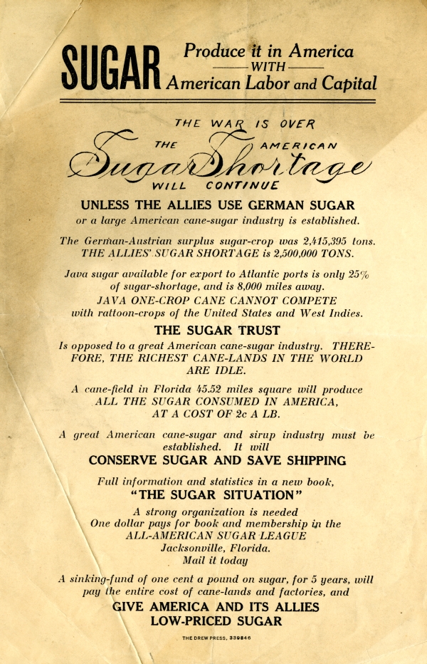 Broadside encouraging support for the All-American Sugar League and sugar production in Florida, ca. 1918