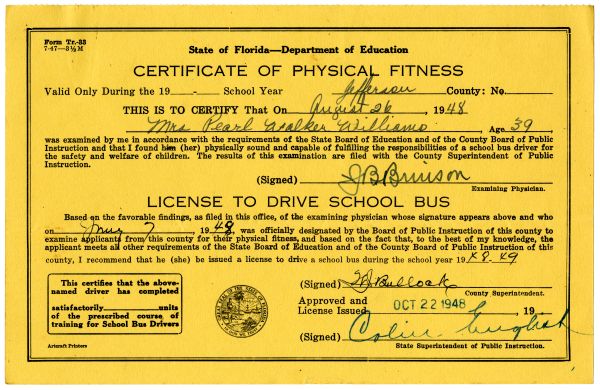 Certificate of physical fitness for Jefferson County bus driver Mrs. Pearl Walker Williams (1948). Click or tap the image to view a larger version.