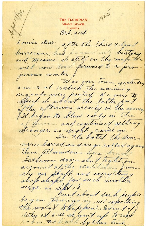 Letter Regarding the Great Miami Hurricane, 1926