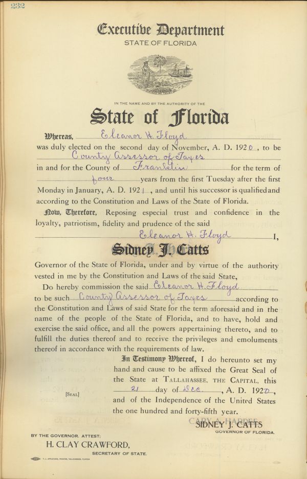 Commission of Eleanor H. Floyd as tax assessor of Franklin County. Floyd was elected to the position just months after women nationwide gained the right to vote in 1920. Volume 15, State and County Officer Commissions (Series S1288), State Archives of Florida. Click or tap the image to enlarge it.