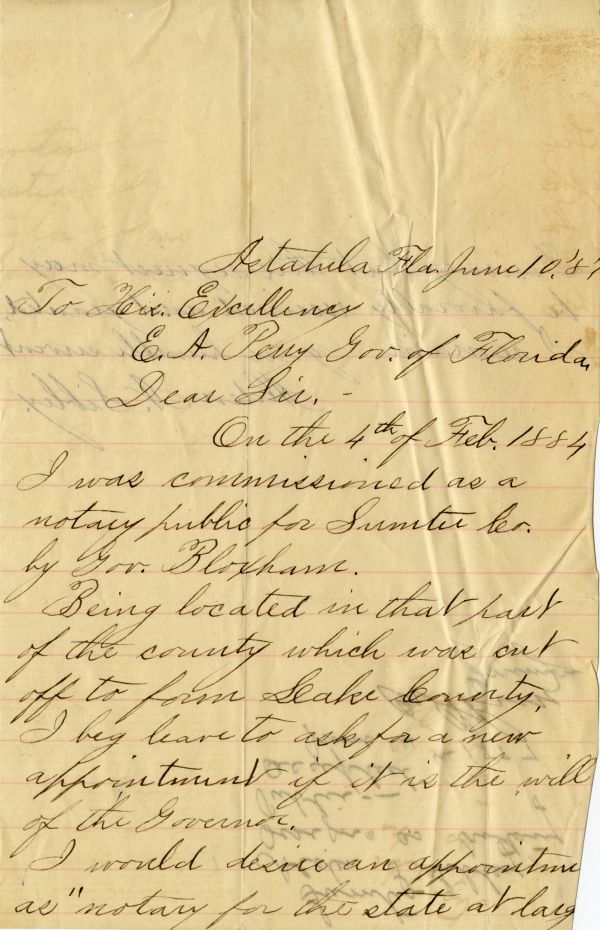 Letter from Alden N. Sibley of Astatula to Governor Edward Ayleworth Perry, resigning as a notary public (1887). Letters of resignation and removals from office (Series 1326), State Archives of Florida.