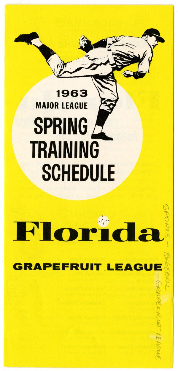 Leaflet containing the 1963 Florida Grapefruit League schedule of exhibition games. Click or tap the image to see the complete leaflet.
