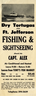 Advertising for fishing and sightseeing tours aboard the Captain Alex near Dry Tortugas