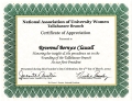 Certificate of Appreciation from the Tallahassee Branch of the National Association of University Women, 2002