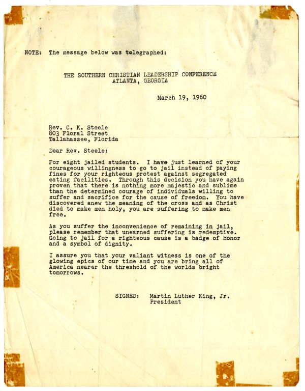 Copy of Telegraph from Martin Luther King Jr. to C. K. Steele, March 19, 1960