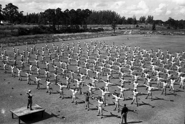 Brooklyn Dodgers doing calisthenics during spring training in Vero Beach (1949).