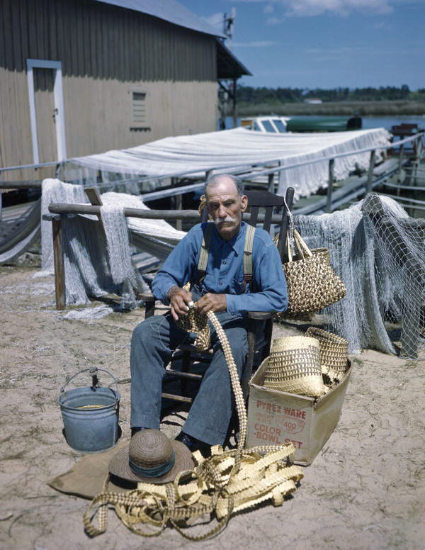 Basket maker Moses Pinder at work in Tarpon Springs, Florida.
