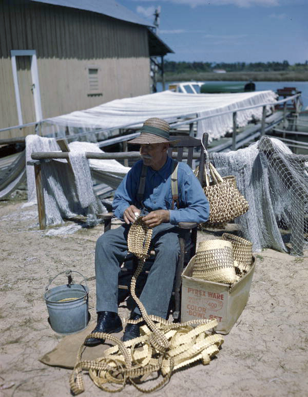 Basket maker Moses Pinder at work in Tarpon Springs, Florida.