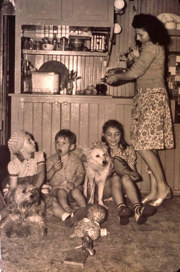 Mother with kids and dogs in the kitchen.