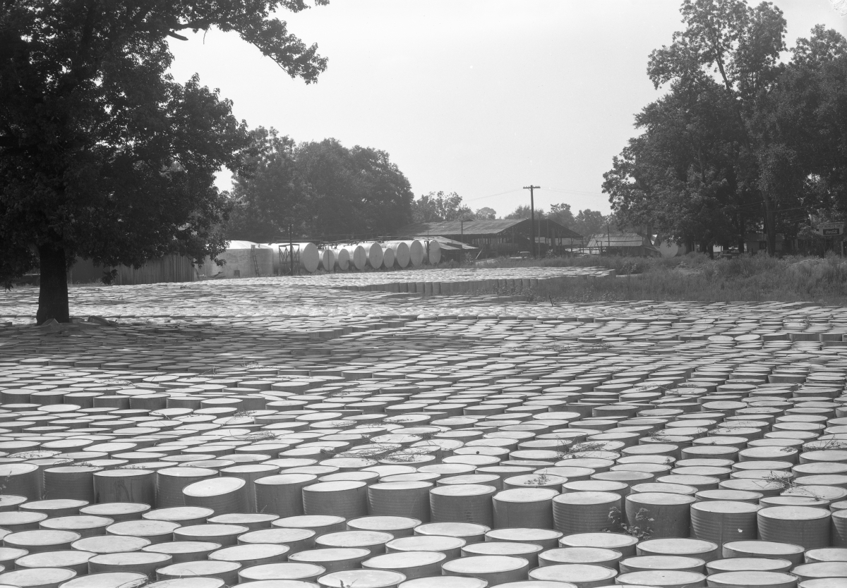 Close-up view of barrels at the Boynton turpentine still in Tallahassee.