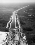 Aerial view overlooking construction of the Cross Florida Barge Canal at the St. Johns Lock.