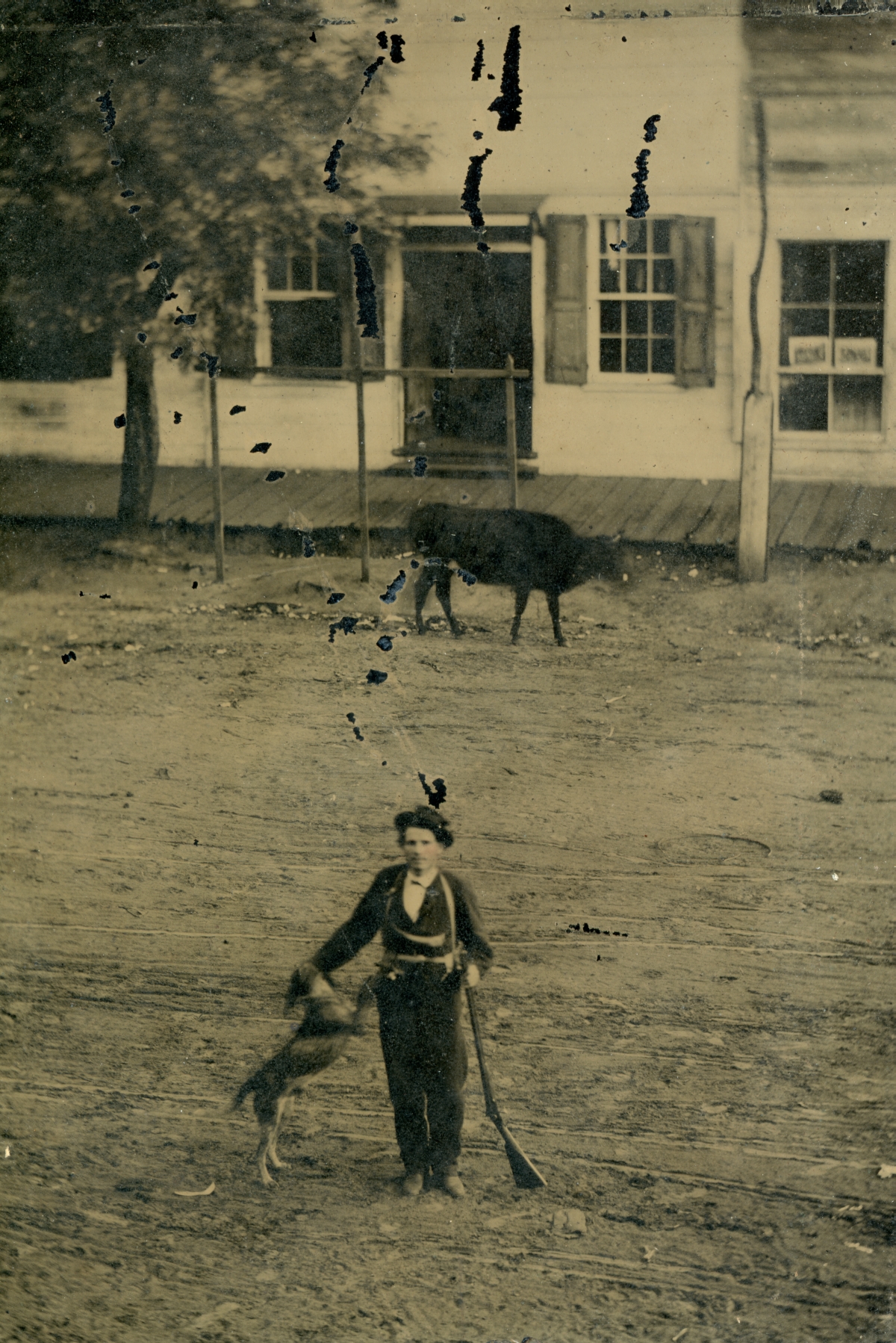 Civil engineer Fred C. Elliot in town with his dog, ca. 1900