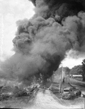 Fire being fought at the W.J. Boynton and Son turpentine distillery in Tallahassee, Florida.
