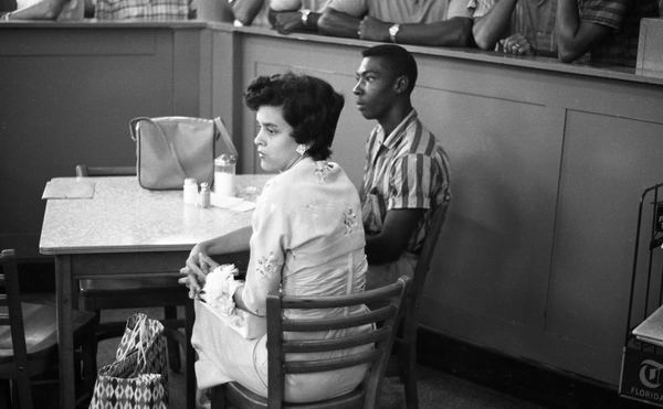Unidentified Freedom Riders in the Greyhound bus station lunchroom with the 