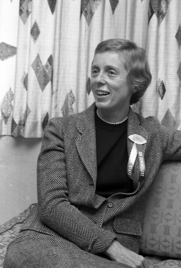 Actress Nancy Kulp in Tallahassee wearing button supporting FSU football.