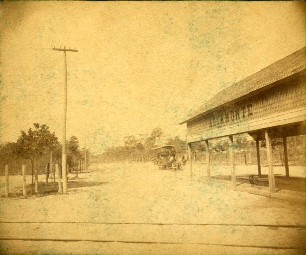 Altamonte Hotel horse-drawn tram approaching its shed at the train depot.