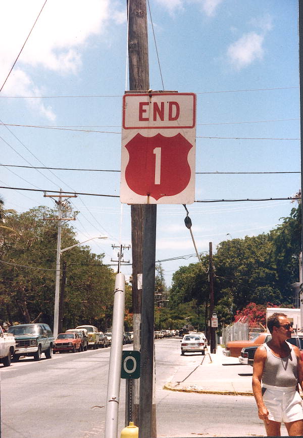 Color-coded shield marking the end of U.S. Highway 1 in Key West (1986).