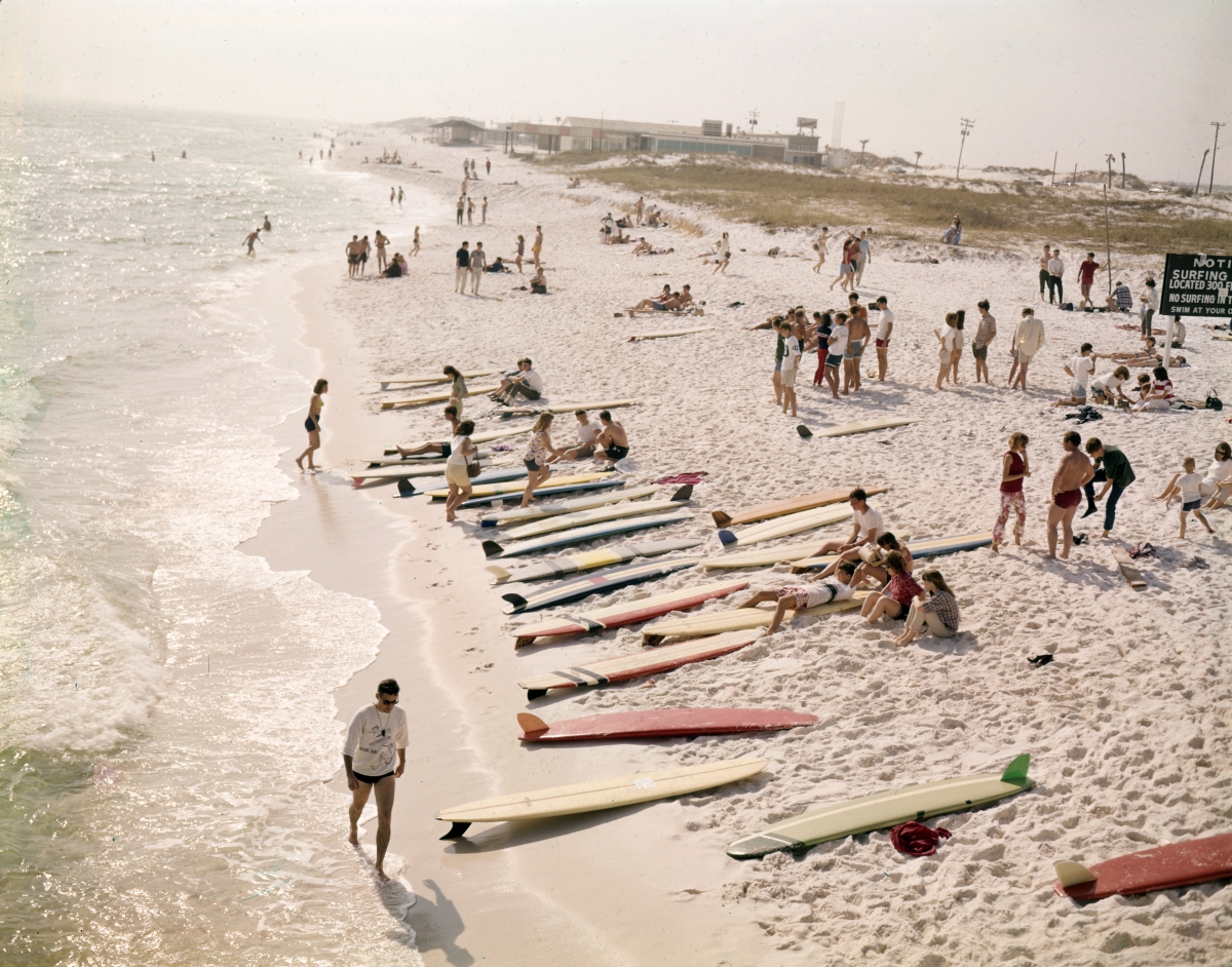 Surfboards lining the beach at Panama City, ca. 1969