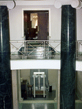 Interior view showing marble columns inside Florida's Supreme Court Building rotunda in Tallahassee, Florida.