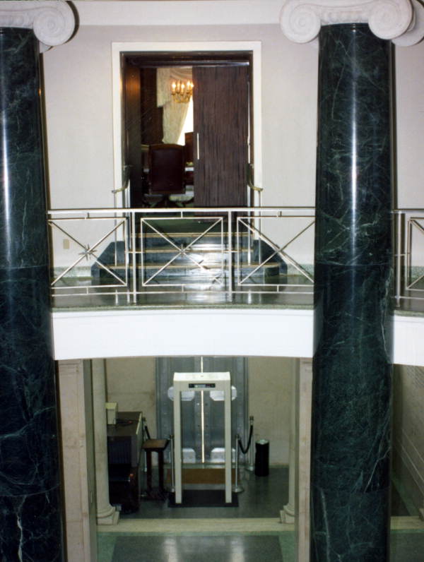 Interior view showing marble columns inside Florida's Supreme Court Building rotunda in Tallahassee, Florida.