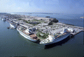 Bird's eye view looking southeast at cruise ships docked at Dodge Island in Miami.