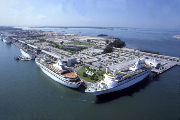 Bird's eye view looking southeast at cruise ships docked at Dodge Island in Miami.