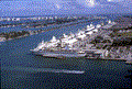 Aerial view looking east at cruise ships docked at Dodge Island in Miami.