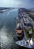 Aerial view looking southeast at cruise ships docked at Dodge Island in Miami.