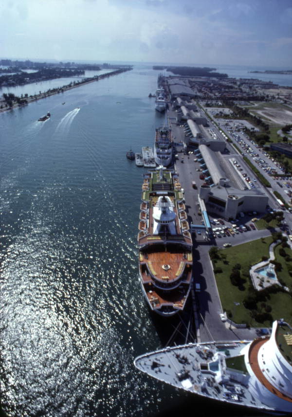 Aerial view looking southeast at cruise ships docked at Dodge Island in Miami.
