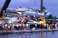 Atlas Van Lines hydroplane being hoisted by crane in Miami.