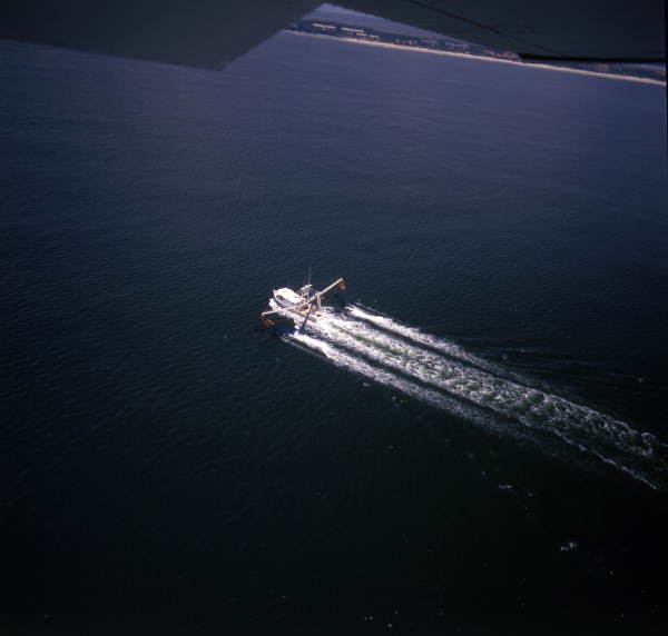 Aerial view showing a shrimp boat near Fernandina Beach, Florida.