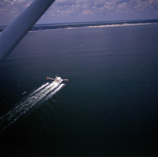 Aerial view showing a shrimp boat near Fernandina Beach, Florida.