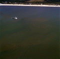 Aerial view showing a shrimp boat near Mexico Beach, Florida.