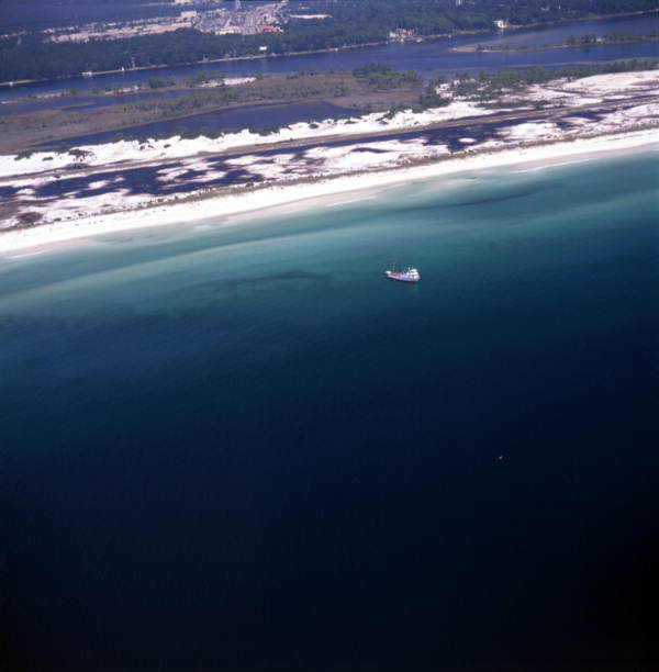 Aerial view showing a fishing boat near Santa Rosa Island, Florida.