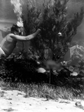 Diver Newt Perry decorating underwater Christmas tree at Weeki Wachee Springs amusement park.