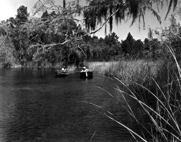 Al Zaebst and Howe Sadler discuss fishing during a fishing contest - Weeki Wachee Spring, Florida.