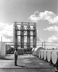 An employee stands outside a plant of Gulf Naval Stores Company - Nocatee, Florida.