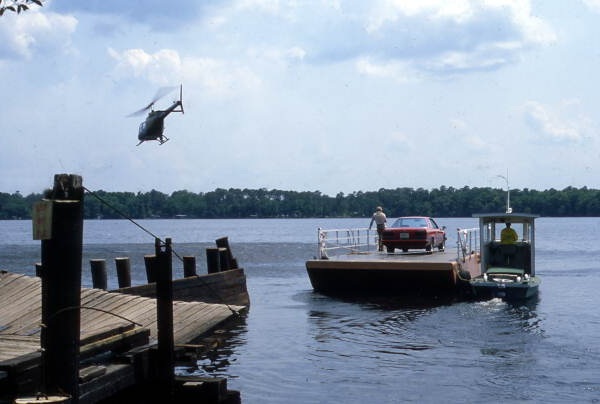 Actor Paul Newman on the Fort Gates ferry with a Nissan Skyline automobile during the filming of a TV commercial advertisement.