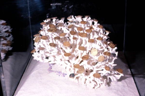 Gold coins from the wreck of the Atocha on display at Mallory Square in Key West (1982).