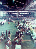 Cuban refugees from the Mariel Boatlift being temporarily housed in seaplane hangar at Trumbo Point - Key West, Florida.