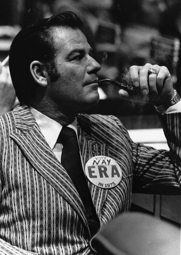 Representative Jim Foster wearing an anti-ERA button - Tallahassee, Florida.