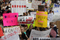 Close-up view showing signs being held up by student demonstrators at the Never Again Rally in Tallahassee.