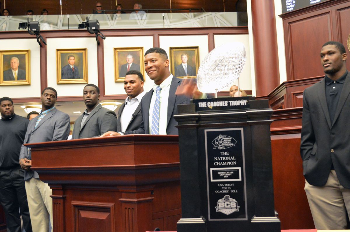 Florida State University quarterback Jameis Winston addressing the House of Representatives during "FSU Day" at the state Capitol in Tallahassee.