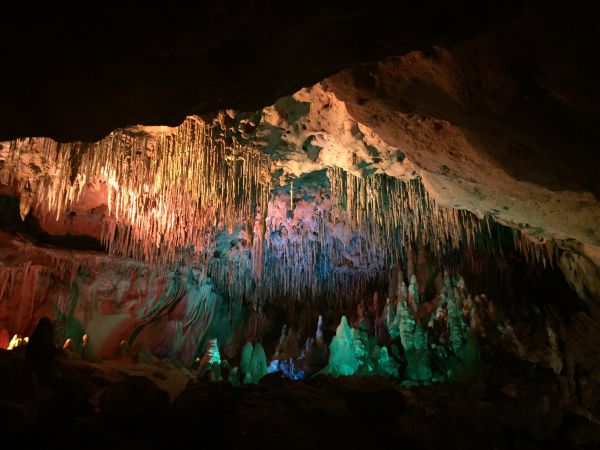 Colored lights give added dimension to the cave formations at Florida Caverns State Park, 2016.