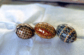 Three finished pysanka eggs made by Ola Kryway