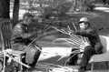 Apprentice Michael Steen (R) making a white oak basket as teacher Alphonso Jennings cuts white oak into strips - Lamont, Florida